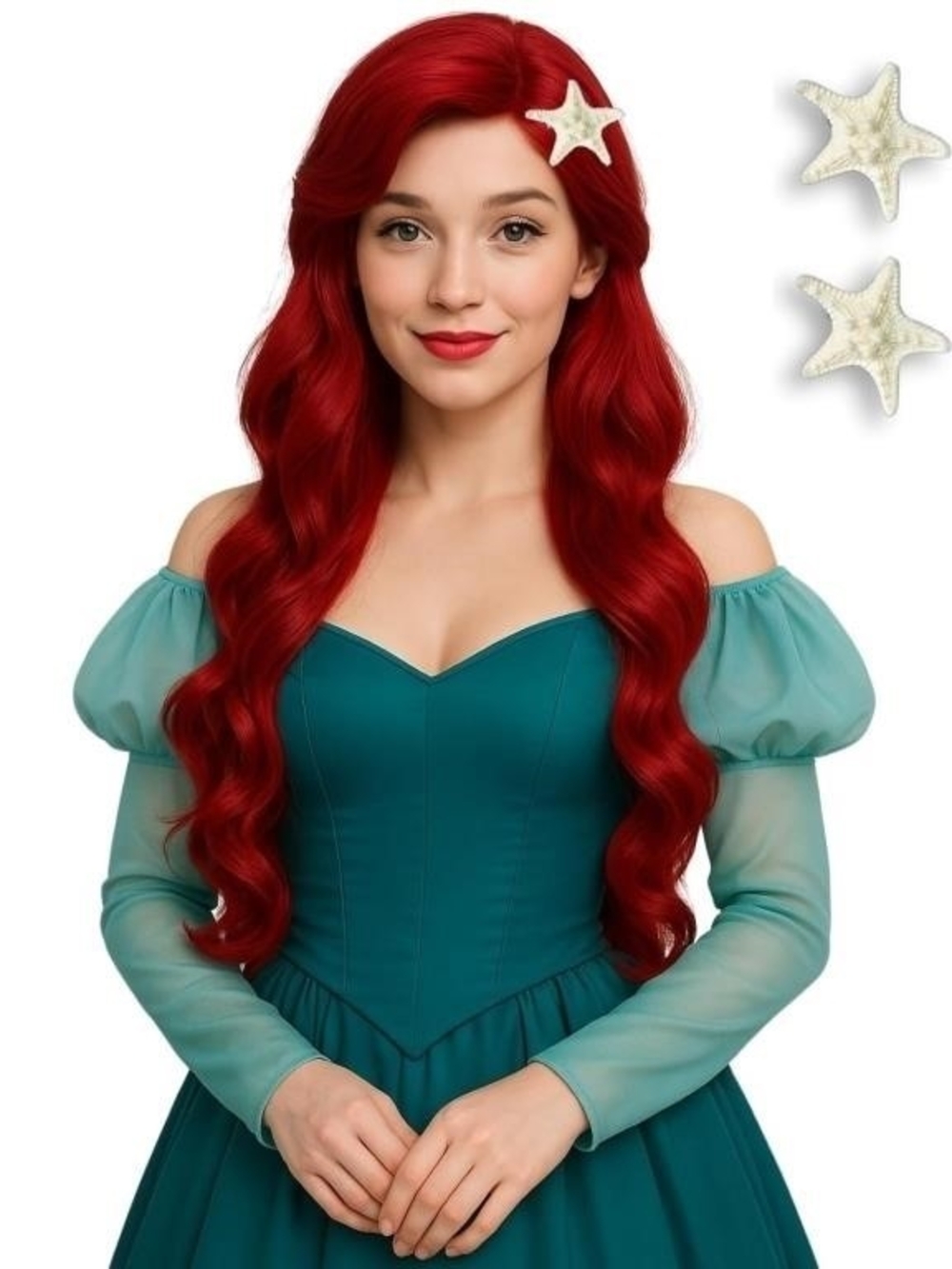 Ariel Red Long Wavy Costume Wig with Starfish Hair Clip - Women Hair